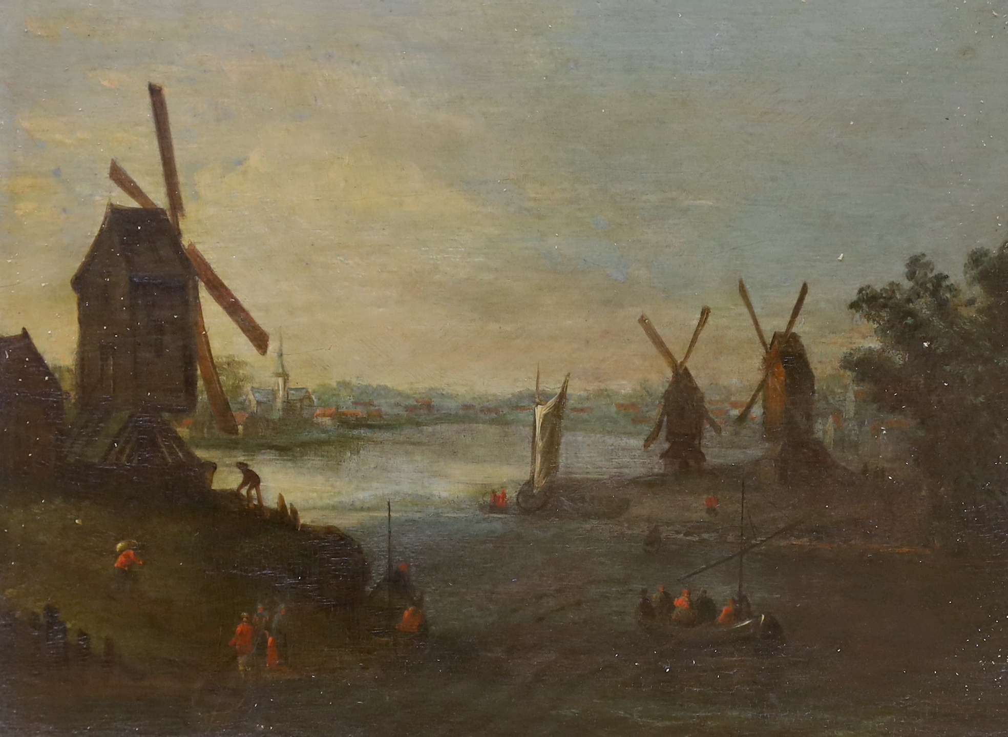 19th century Dutch school, oil on board, River landscape with boats and windmills, Croydon Galleries label verso, 28cm x 21cm